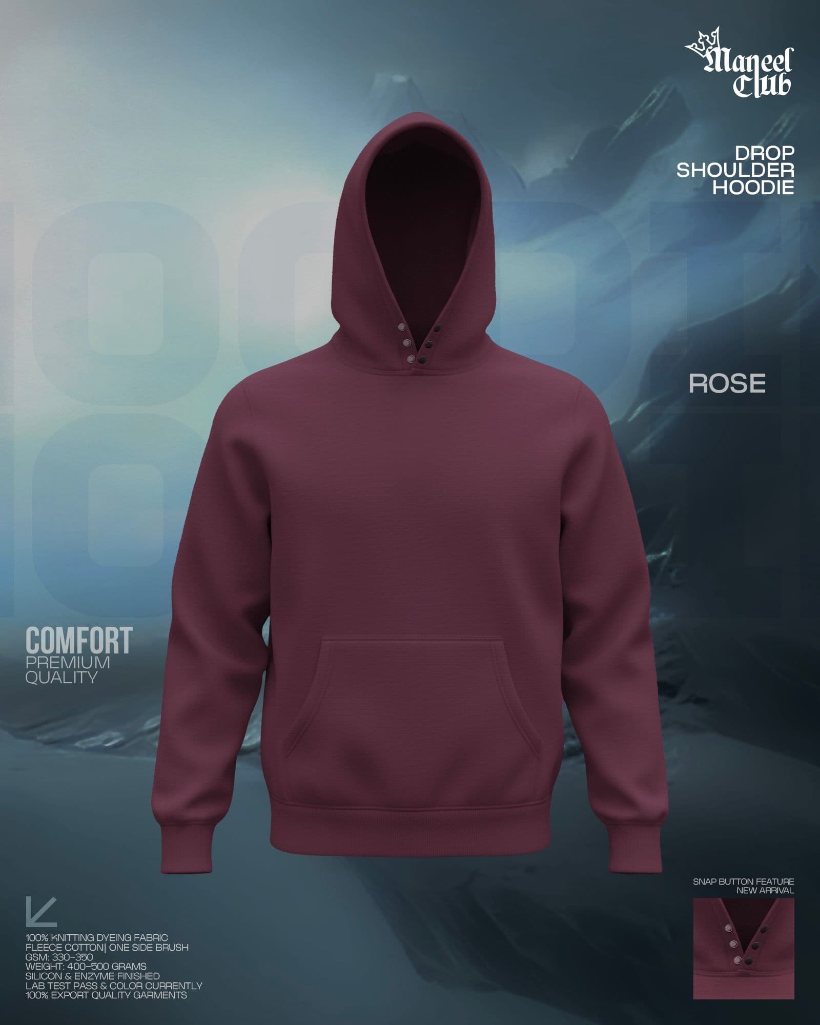 Snap Button Drop Shoulder Hoodie - Thumbnail 14